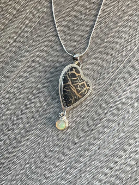 Heart Shaped River Rock with Opal Pendant Necklace